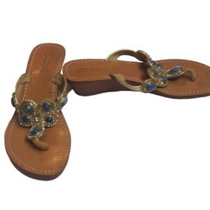 Mystique Boutique blue gold Rhinestone thong wedge